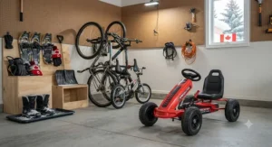 A compact pedal go-kart for kids neatly stored in a Canadian garage alongside family bicycles and winter gear.