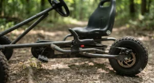 A reliable hand brake lever on an off-road pedal go-kart for safe stopping on uneven outdoor terrain.