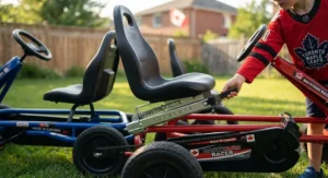 Close-up of adjustable ergonomic seats on modern pedal go-karts for backyard racing accommodating growing kids.