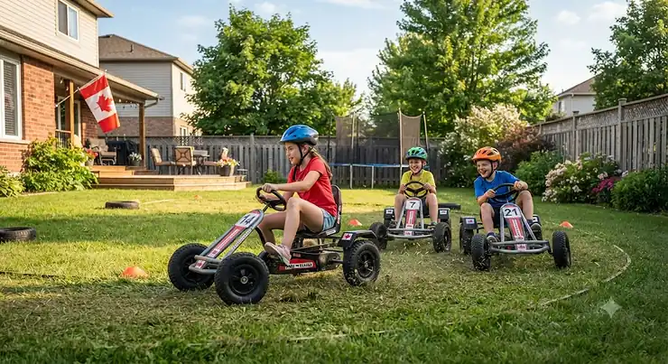 Children racing pedal go-karts for backyard racing on a residential lawn during a sunny afternoon in Canada.
