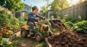 Front loader pedal tractor for outdoor play being used by a child to scoop up loose soil in the garden.