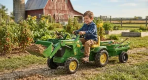 Ride-on pedal tractor featuring a front loader bucket and matching cargo trailer.