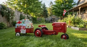 Classic pedal tractor with trailer assembled on a lawn as a gift for kids.