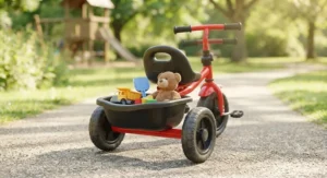Rear storage basket on a pedal trike for toddlers, perfect for carrying toys during neighbourhood walks.