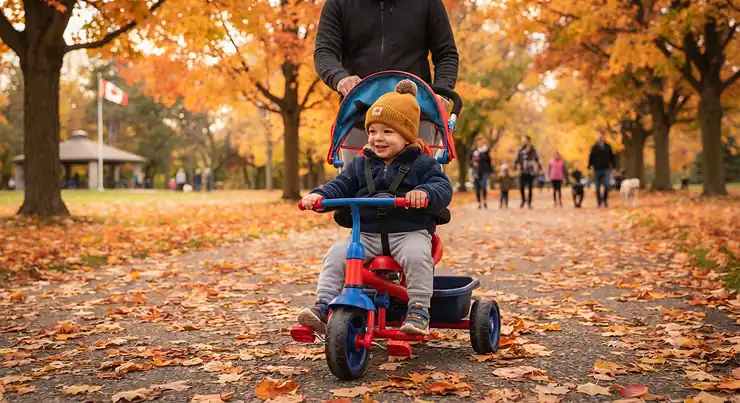 Toddler riding a pedal trike with push handle on a Canadian park pathway during autumn.