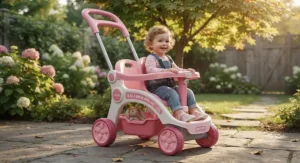 Pink 3-in-1 push ride-on toys stroller with a safety guard and push handle for toddlers