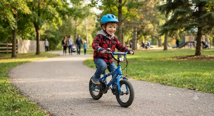 A Canadian preschooler smiling while learning to ride their first pedal bike on a paved path in a local park.