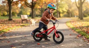 Preschooler demonstrating how to use the rear coaster brake on their first pedal bike on a sunny autumn day.