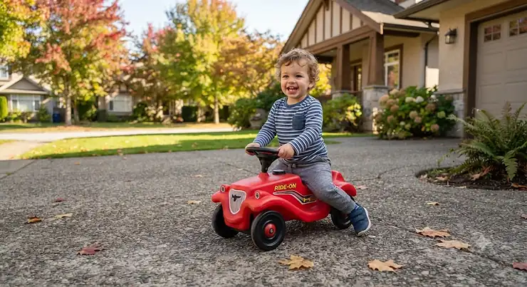 Toddler smiling while playing with a red push ride-on toys car on a driveway in Vancouver