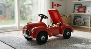 Bright red foot-to-floor ride-on car featuring a lift-up storage seat for toys.