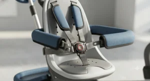 Detailed view of the 5-point safety harness and protective guardrail on a toddler pedal trike with push handle.