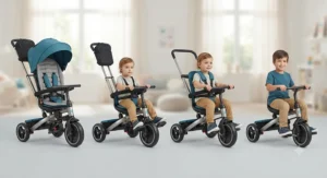 Four growth stages of a versatile pedal trike with push handle designed for children aged one to five.