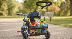 Rear storage basket on a pedal trike with push handle filled with outdoor toys and snacks.