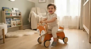 Excited toddler opening a shipping box containing a new ride-on toy ordered online