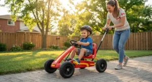 Young child learning to steer a beginner pedal go-kart for kids equipped with an optional push and steering handle.