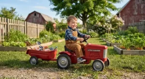 Toddler-sized pedal tractor with a dump trailer for hauling toys outdoors.