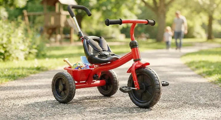 Toddler pedal trike equipped with a secure safety harness and push handle for parents during park strolls.