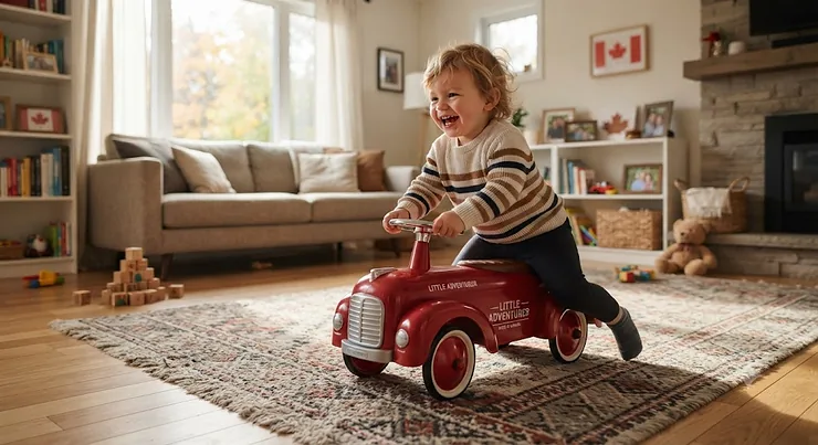 A toddler happily scooting on a red foot-to-floor ride-on car across a Canadian family living room rug.