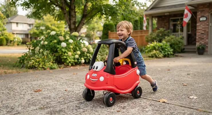 Toddler enjoying a red push ride-on toy for toddlers available online in Canada