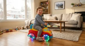 Young child enjoying push ride-on toys with flashing LED wheels inside a Canadian living room
