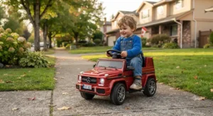 Safe wooden animal ride-on toy for a young toddler in a modern nursery