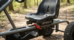 An adjustable bucket seat on an off-road pedal go-kart ensuring a comfortable fit for growing children.