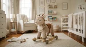 A decorative ride-on animal toy styled inside a cozy, animal-themed nursery room