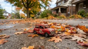 A cozy coupe ride-on car rolling past colorful autumn leaves in a Canadian neighbourhood