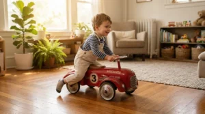 A classic cozy coupe ride-on car parked inside a bright Canadian playroom with maple flooring