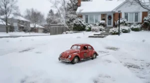 A red and yellow cozy coupe ride-on car parked on a snowy Canadian driveway during a winter afternoon