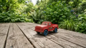 A toddler driving a cozy coupe ride-on car across a backyard wooden deck in Ontario