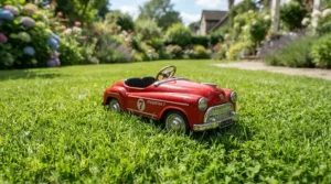 A cozy coupe ride-on car displayed on a vibrant green lawn for a Canadian toy review