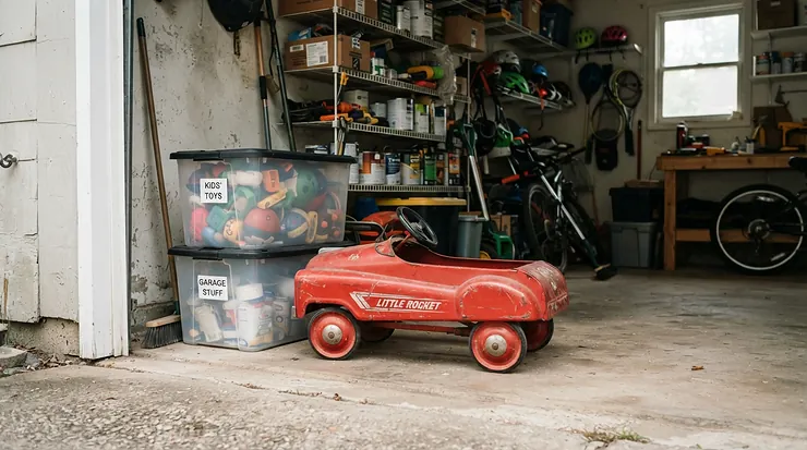A stylish cozy coupe ride-on car parked neatly inside a suburban Canadian garage