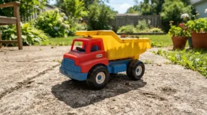A value-priced cozy coupe ride-on car set up on a suburban patio for outdoor play