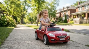 An active toddler driving a cozy coupe with trunk storage down a neighbourhood sidewalk.