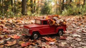 A cozy coupe with trunk storage filled with autumn leaves on a Canadian driveway.