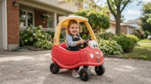 A two-year-old riding a classic cozy coupe with trunk storage on a suburban driveway.