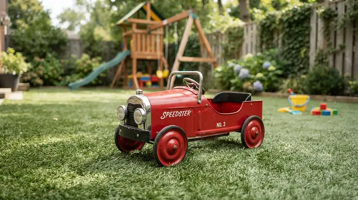 A fun outdoor play setup featuring a cozy coupe with trunk storage on artificial turf.