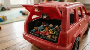 Demonstrating toy storage solutions with the lift-up boot of a cozy coupe with trunk storage.