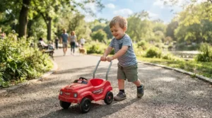 A toddler boy playing with his cozy coupe with trunk storage on a sunny park pathway in Canada.