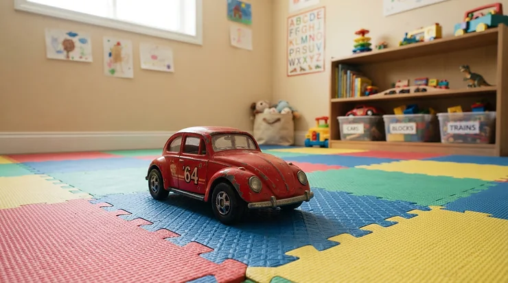A colorful foot-to-floor ride-on car for 18 month old parked neatly inside a bright, organized indoor play space with foam mats.
