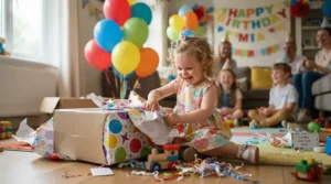 An excited toddler opening a wrapped box containing a foot-to-floor ride-on car for 18 month old during a family celebration.