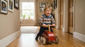 A happy child gliding down a wide hallway on a red foot-to-floor ride-on car for 18 month old on a rainy afternoon.