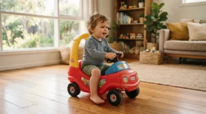 A toddler smiling while steering a bright foot-to-floor ride-on car for 18 month old on hardwood flooring inside a cozy apartment.