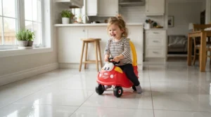 A toddler scooting past kitchen cabinets on a foot-to-floor ride-on car for 18 month old while a parent watches nearby.
