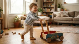 A little boy pushing the backrest of his foot-to-floor ride-on car for 18 month old to practice his balance and walking skills.