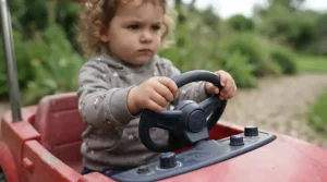 A young child steering the handlebars of a foot-to-floor ride-on car for 18 month old to build coordination and leg strength.
