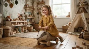 Toddler engaged in imaginative play pretending to ride an animal toy through a magical forest backdrop