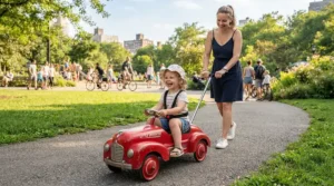 Buy a push car with handle online for toddler outdoor walks in a Toronto neighbourhood park.