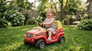 An adult guiding a push car with canopy for toddlers across a green backyard lawn.